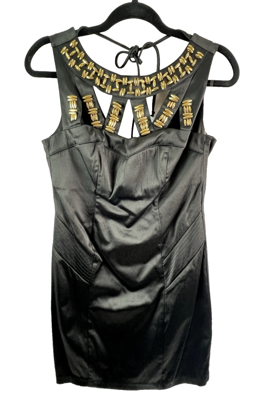 Xtraordinary Bodycon Sleeveless Black Mini Dress with Gold Beads Junior's Size 7